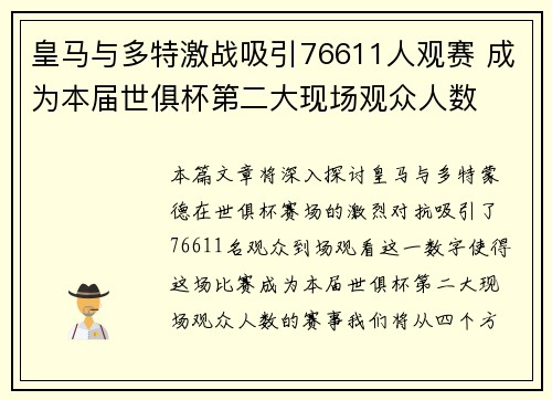 皇马与多特激战吸引76611人观赛 成为本届世俱杯第二大现场观众人数