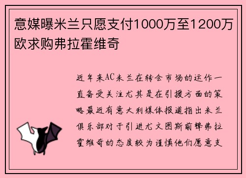 意媒曝米兰只愿支付1000万至1200万欧求购弗拉霍维奇