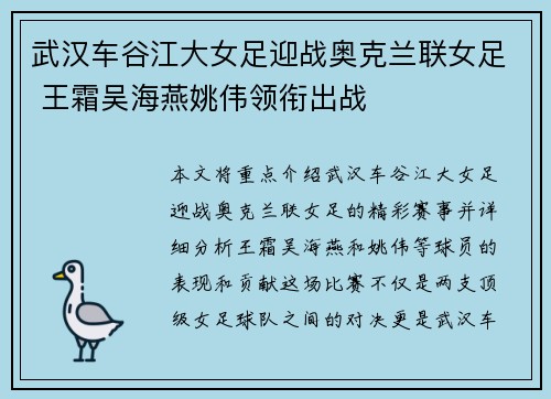 武汉车谷江大女足迎战奥克兰联女足 王霜吴海燕姚伟领衔出战